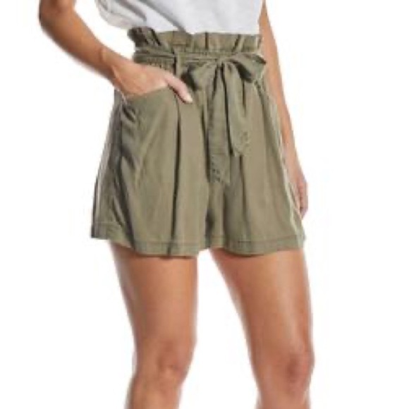 OAT Juniors Chambray Pull-on High-Waisted Paperbag Shorts Dark Green XL $64 NWT - Picture 3 of 9
